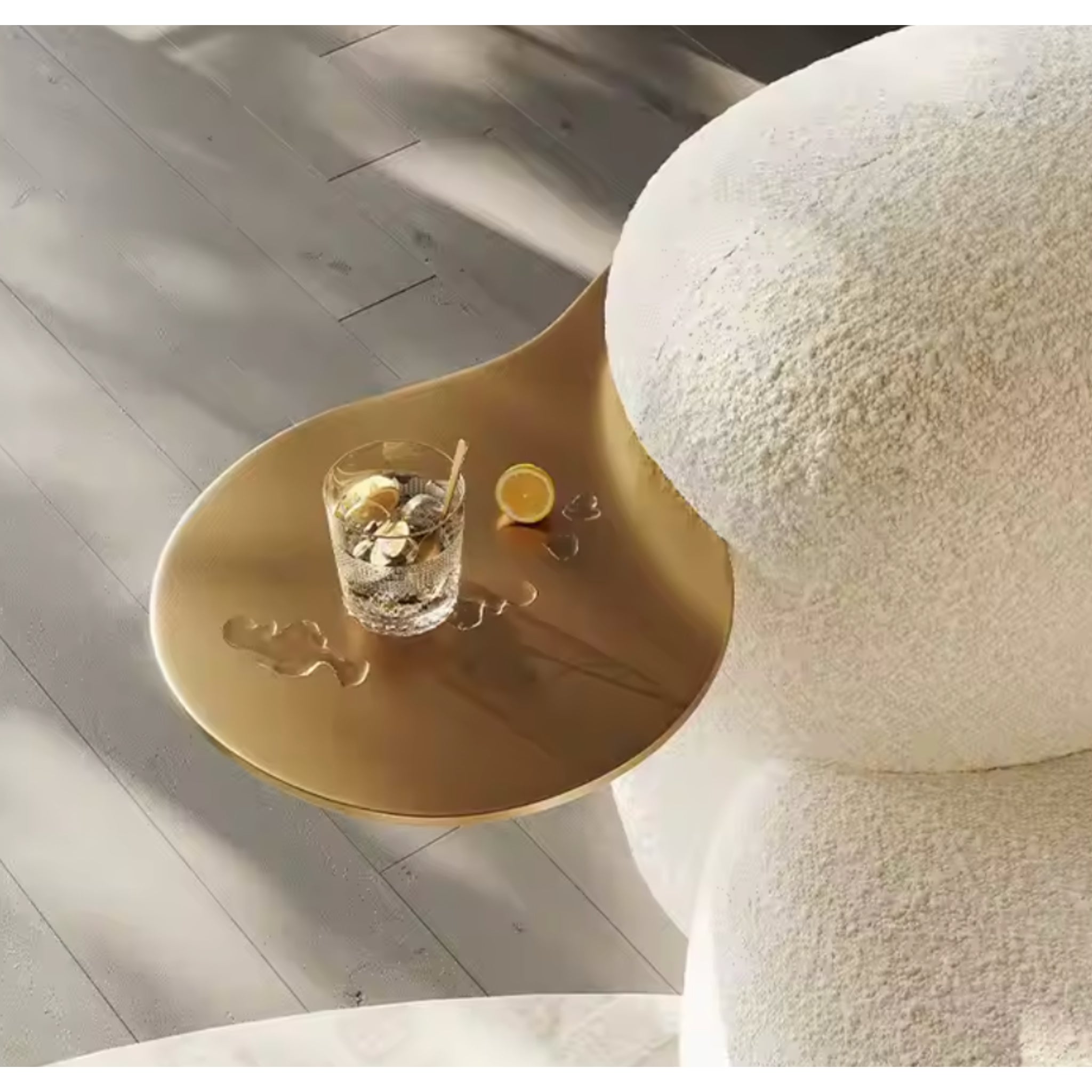 Atelier Lune Celestia 86-Inch Bouclé Conversation Sofa with Brass Trays