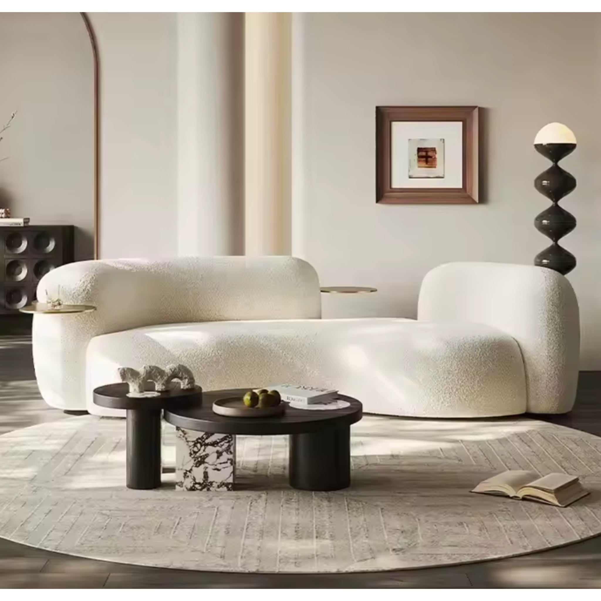 Atelier Lune Celestia 86-Inch Bouclé Conversation Sofa with Brass Trays